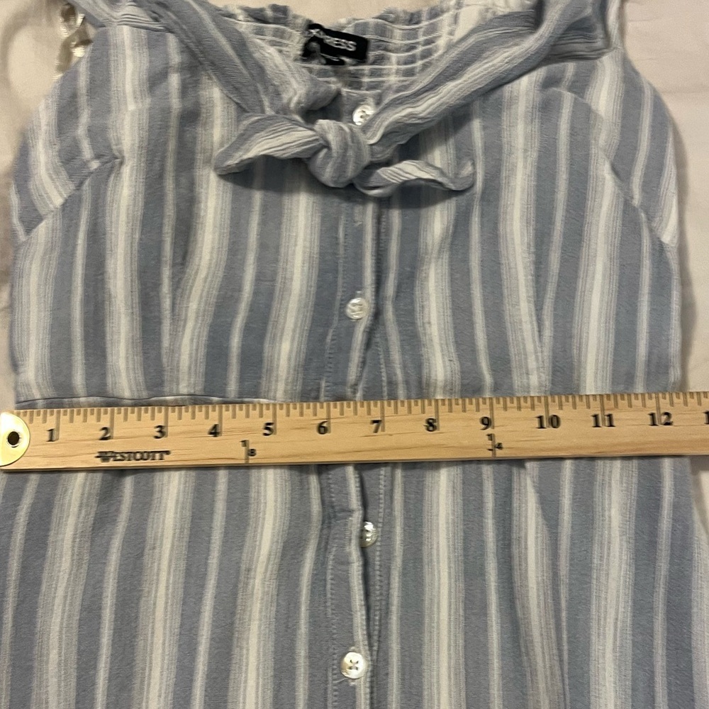Coastal Cottagecore Boho Fairy Striped Midi Dress Blue White Tie Neck Button XS - Picture 5 of 5